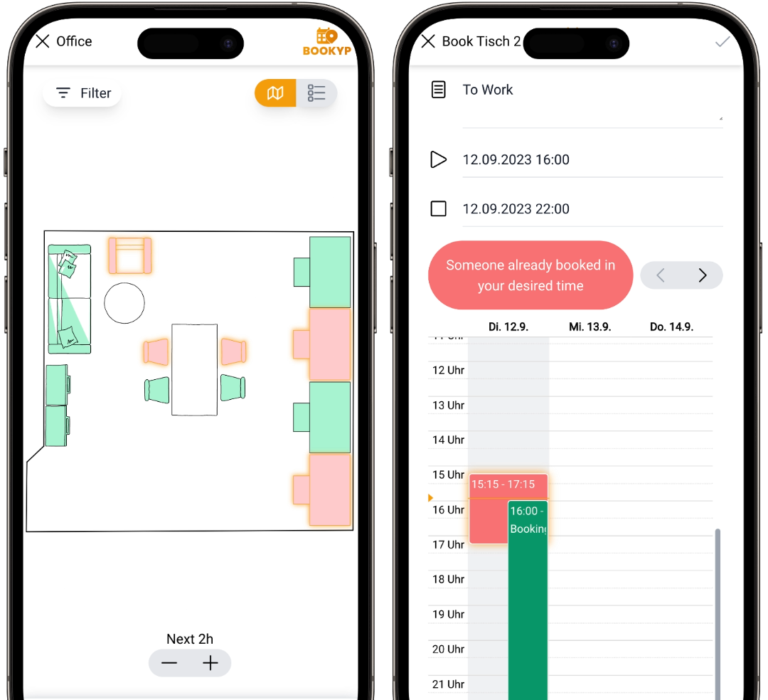 Two screenshots showing the map of a space and the booking of a place.