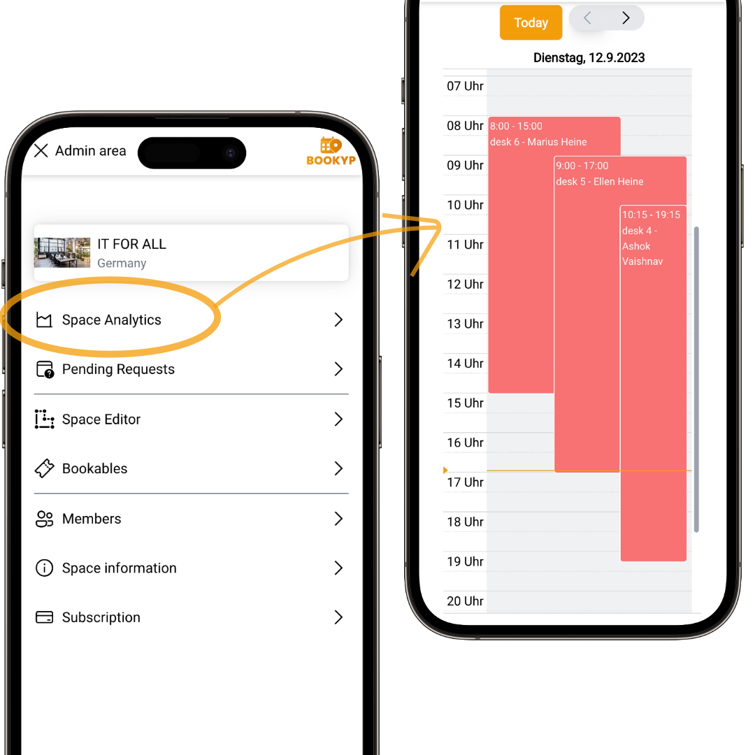 Two screenshots showing the space analytics for the admin.